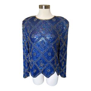 Scarlett Rage VTG Diamond Flower Sequin Top Blue Silk Sz XL